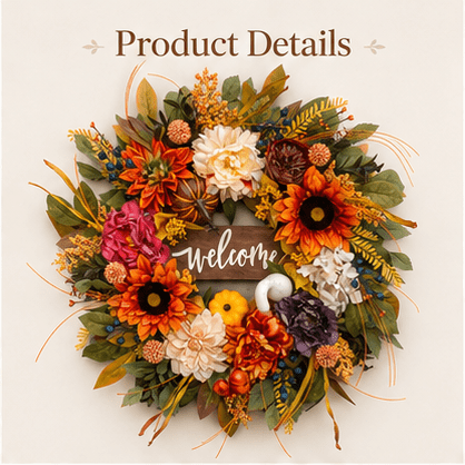 24 Inch Fall Wreath for Front Door, Artificial Sunflower Pumpkin Wreath with Welcome Sign, Colorful Flowers, Berries and Autumn Leaves, Thanksgiving Farmhouse Porch Decor