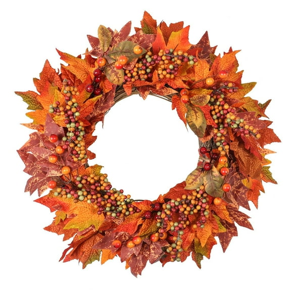 24 Inch Fall Wreath For Front Door, Autumn Leaf Wreath With Maple And Berries, Thanksgiving Decor For Front Door, Large Fall Wreaths For Outdoor Fall Decor