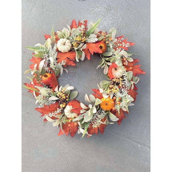 24 Inch Fall Wreath for Front Door with Maple Leave, Pumpkin and | Harvest Festival, Halloween and Christmas Indoor Decorations