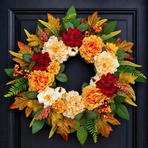 24 Inch Fall Wreaths for Front Door with Large Autumn Peony, Dahlias,White Pumpkins,Maple Leaves-Fall Door Decorations Autumn Wreaths for Home Porch Farmhouse Outdoor Indoor Thanksgiving Decor