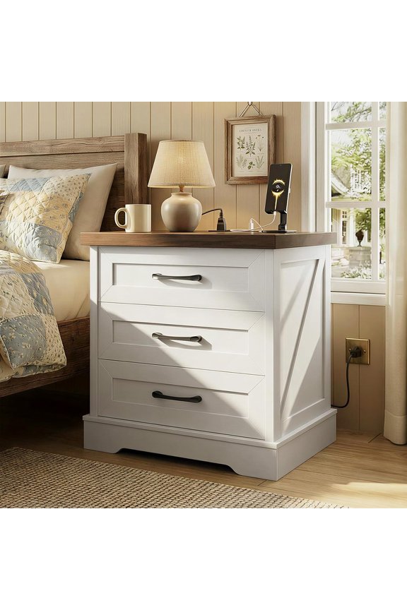 24 Inch Farmhouse Nightstands with Charging Station, Bedside Tables with Three Drawers, Bed Side Table with Storage, End Tables with Outlet and USB for Bedroom, Living Room, White & Dark Walnut