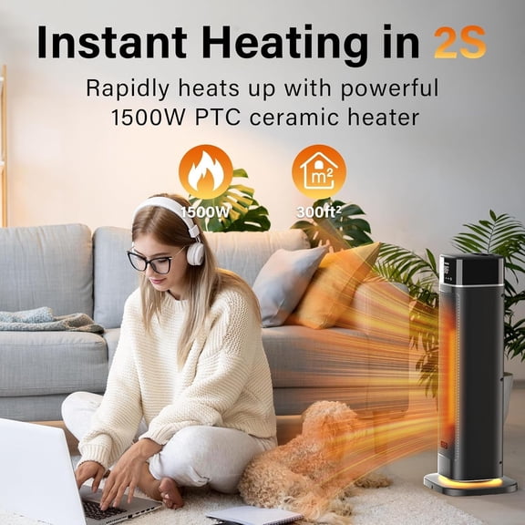 24 Inch Fast Heating Space with Remote Control, 1500W Ceramic Tower for Bedroom Office