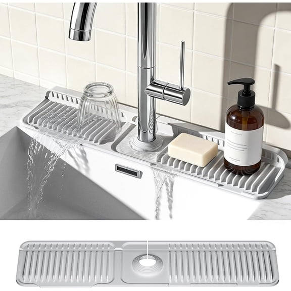 24 Inch Faucet Mat for Kitchen Sink, Silicone Splash Guard for Kitchen Sink Area, 7 Slope Fast Self-Draining Sink Mat, Cuttable Hole Design, Sink Backsplash Guard Draining Mat