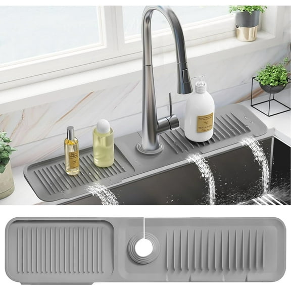 24 Inch Faucet Mat for Kitchen Sink Splash Guard Behind Faucet, Sink Protectors for Kitchen Sink Faucet Mat Splash Guard for Kitchen Sink Area, Longer Silicone Faucet Guard & Draining Mat, Grey