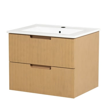 24 Inch Floating Bathroom Vanity with Ceramic Sink, Wall Mounted Storage Single Basin Vanity Set with 2 Drawers, Modern Bathroom Cabinet Combo, Light Brown