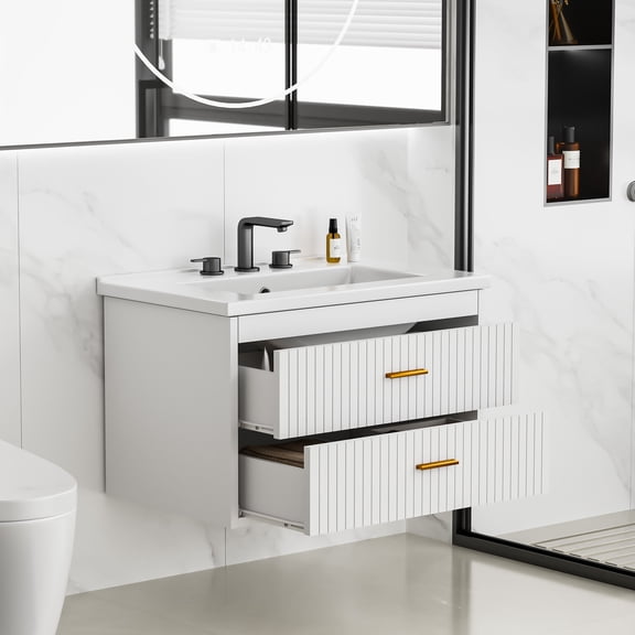 24 Inch Floating Bathroom Vanity with Sink & Drawers – Wall Mounted Modern Vanity Cabinet, White Resin Sink Combo, Soft-Close, Water-Resistant Bathroom Cabinet