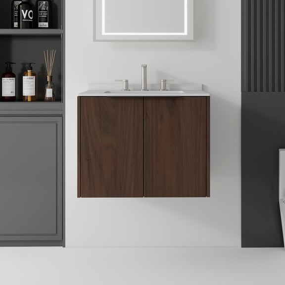 24 Inch Floating Bathroom Vanity with Sink, Soft-Close Door, 0.6-IN Granite White Cultured Marble Countertop Top & Backsplash,Plywood, Brown