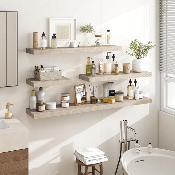 24 Inch Floating Shelves, 3D Textured Wood Grain, 24"x9.25"x1.5" Inch Deep Floating Shelves for Wall, Wooden Shelves for Bathroom, Bedroom, Living Room, Vintage White Oak, 2 Pieces