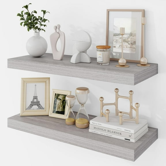 24 Inch Floating Shelves, 9.3" Deep Floating Shelf Wall Mounted, 24" Wall Shelves, Rustic Deep Bookshelf, Large Display Shelves & Storage Shelves for Bedroom, Living Room, Gray, Set of 2