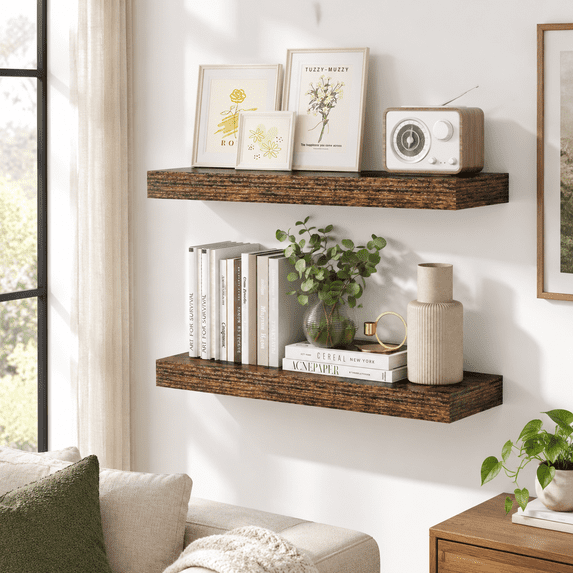24 Inch Floating Shelves For Wall Rustic Brown Set Of 2 Mounted Wood 8 ...