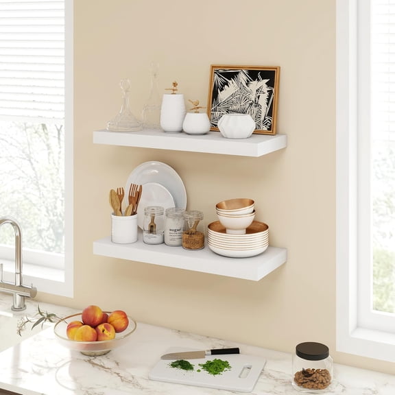 24 Inch Floating Shelves Set of 2, 9.3 Deep Wall Mounted Bookshelf for Bedroom Living Room Rustic White Storage Display