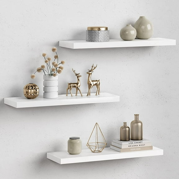 24 Inch Floating Shelves for Wall Decor, White Wall Book Shelves for Bedroom, Large Long Deep Hanging Shelves for Bathroom Office Laundry Living Room Kitchen Closet Storage - Set of 3