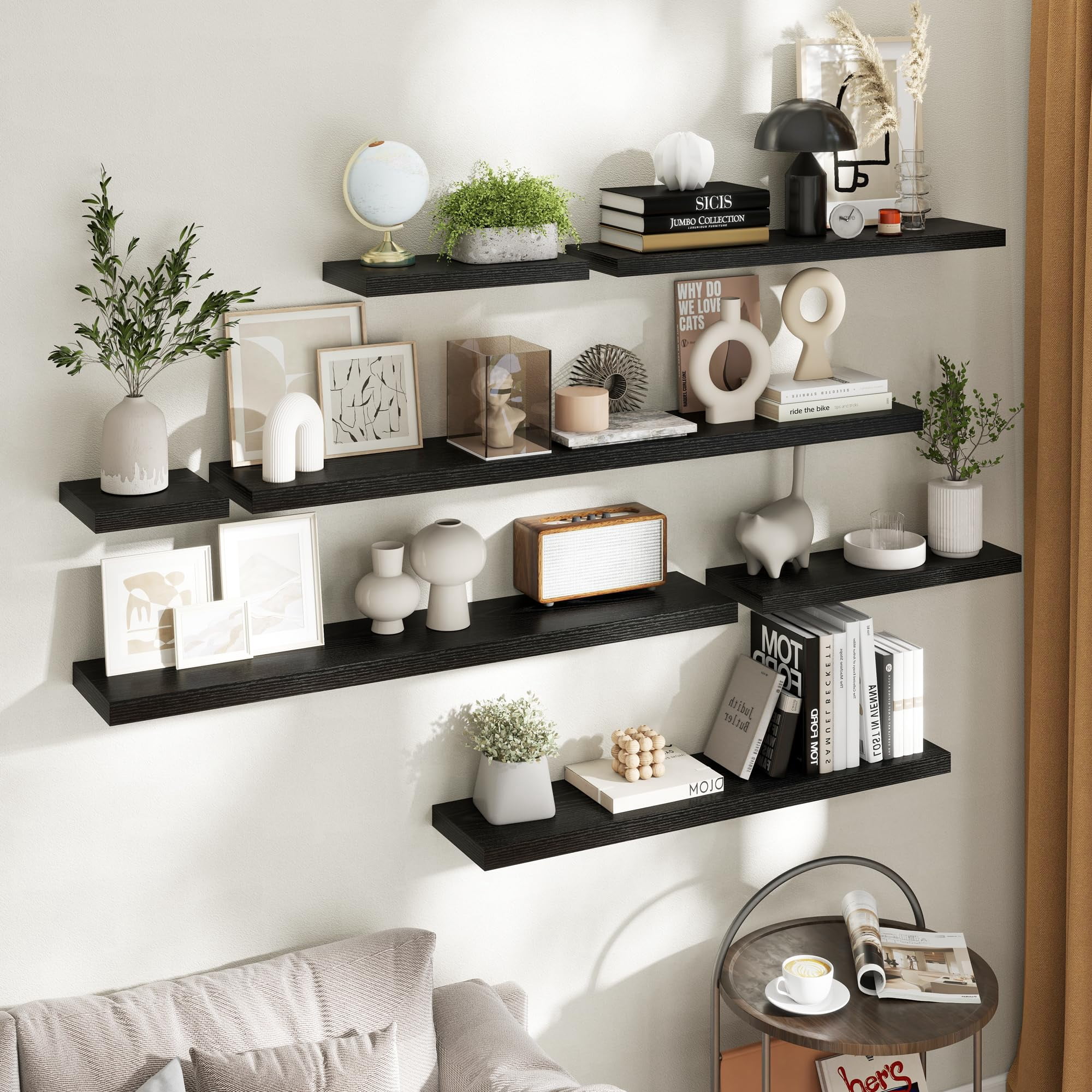 24 Inch Floating Shelves For Wall With Invisible Brackets Set Of 2  8"d Engineered Wood Grain Living Room Bedroom Bathroom Kitchen Decor And Storage Black Finish