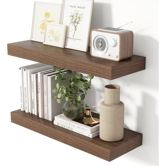 24 Inch Floating Shelves for Wall Walnut Shelves Set of 2,Wall Mounted Rustic Wood 8 Inch Deep Floating Shelf with Invisible Brackets for Bedroom Kitchen Living Room