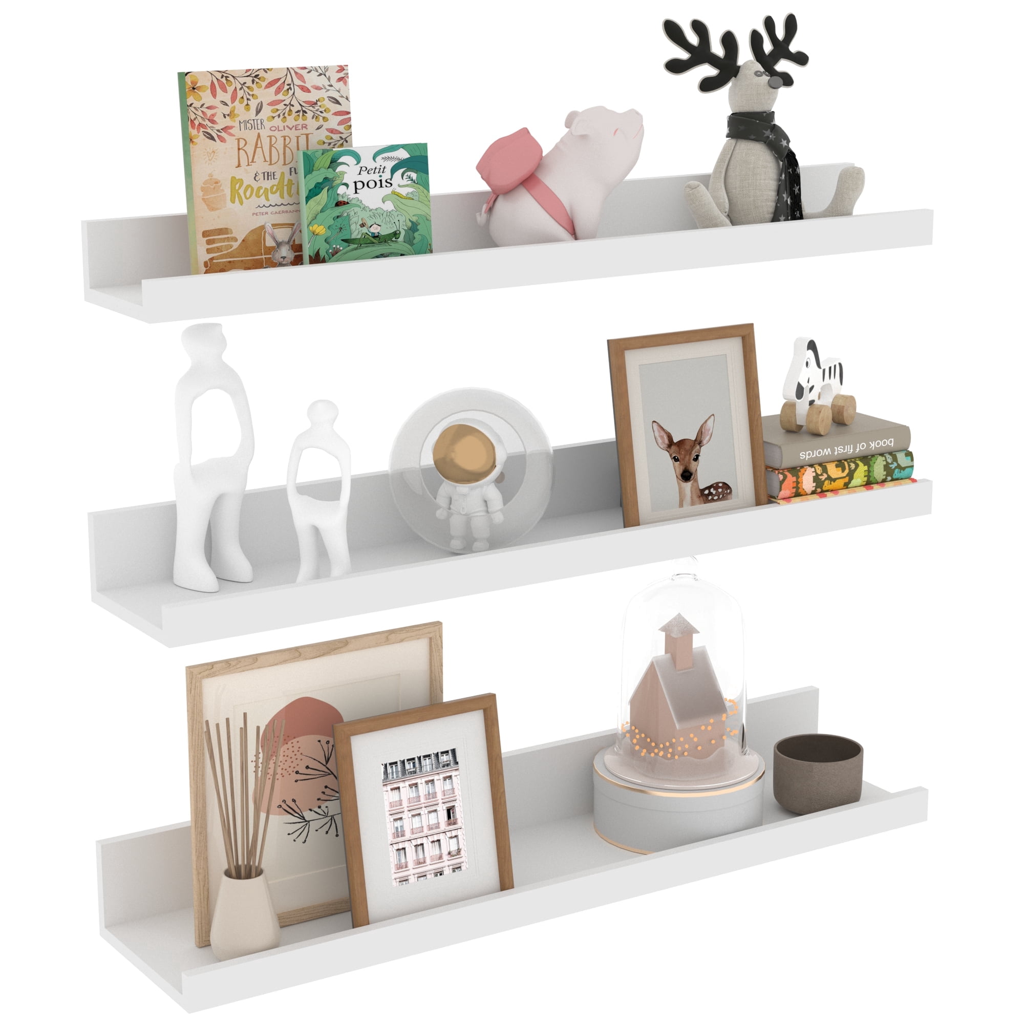 24 Inch Floating Shelves for Wall Mount, Modern Ledge Shelf for Bathroom Bedroom Living Room Kitchen Nursery Storage, Set of 3 Different Sizes, White