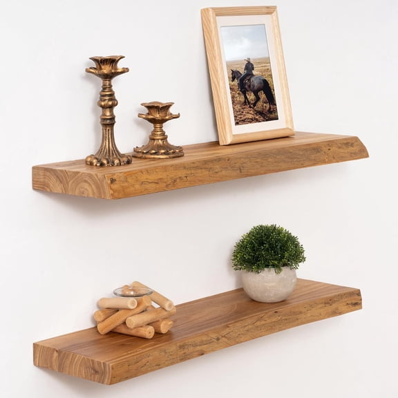 24 Inch Floating Shelves with Invisible Bracket Reclaimed Elm Wood Live Edge Natural Finish 2 Pack