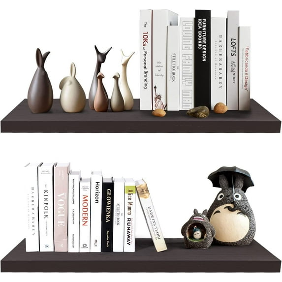 24 Inch Floating Wall Shelves for Bedroom Bathroom Wall Mounted Solid Wood Shelf Storage Set of 2, Espresso