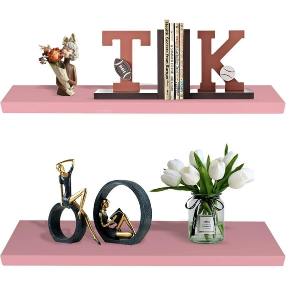 24 Inch Floating Wall Shelves for Bedroom Bathroom Wall Mounted Solid Wood Shelf Storage Decor Set of 2, Pink Floating Shelves
