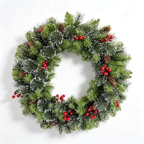 24 Inch Flocked Christmas Wreath with Red Berries & Pine Cones – Artificial Holiday Door Wreath for Front Door, Mantel, Wall, Window – Indoor/Outdoor Christmas Decor