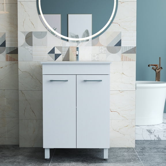 24-Inch Floor-Mounted Bathroom Vanity with Sink Combo,Double Doors With Soft Close Hinges,Bathroom Cabinet With Adjust Shelf,Metal Handle ,Ceramic Basin