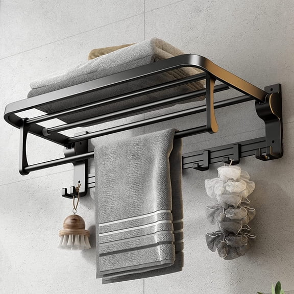 24 Inch Foldable Towel Rack with Towel Bar, Movable Hooks and Rustproof Wall Mount Storage Shelf for Bathroom, Silver