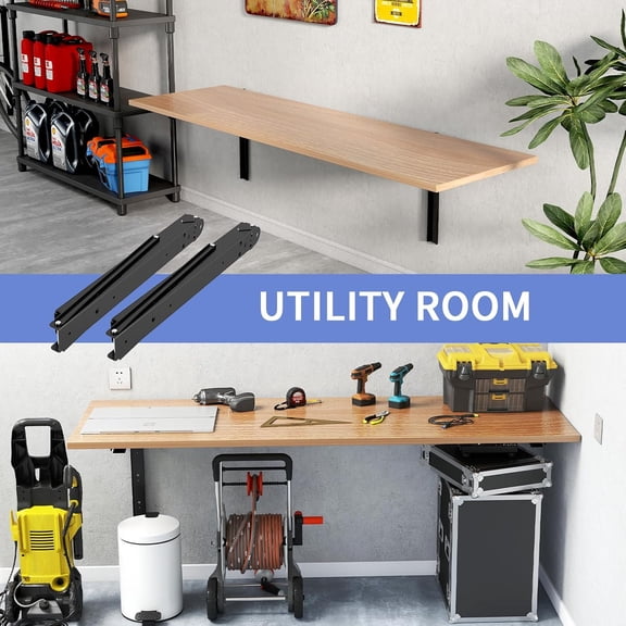 24 Inch Folding Shelf Brackets, Heavy Duty Collapsible Shelf Bracket Max Load 550LBS, Wall Mounted L Table Brackets for Garage Bench Table, Space Saving DIY Black Folding Bracket, Pack of 2