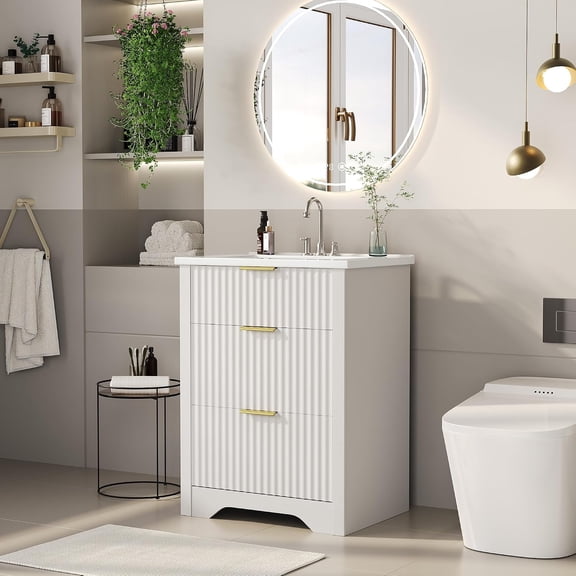 24 Inch Freestanding Bathroom Vanity with Ceramic Sink, Fluted Panel Cabinet with 3 Drawers, Floor Mount Bathroom Vanity Set for Small Bathrooms,White-24inch