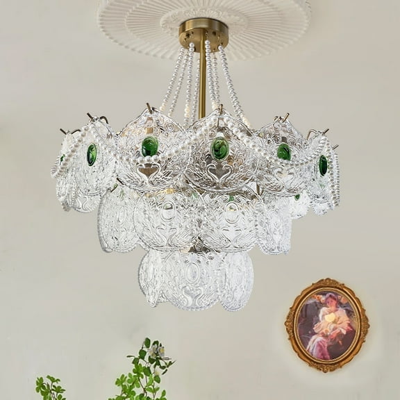 24 Inch French Antique Gold Crystal Chandelier - Wrought Iron Ceiling Light with Prism Beads, 8 E14 BasesAdjustable 21.7" Chain for Dining Room Foyer