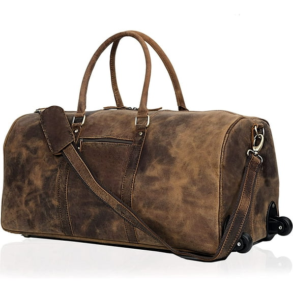 24 Inch Genuine Leather Trolly Duffel Travel Overnight Weekend Leather Bag Sports Gym Duffel Luggage Travel Bag For Men And Women