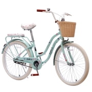 24 Inch Girls Vintage Cruiser Bike, Single-Speed Bicycle with Wicker Basket and Rear Rack with Cushion,High Carbon Steel Frame Comfort City Commuter