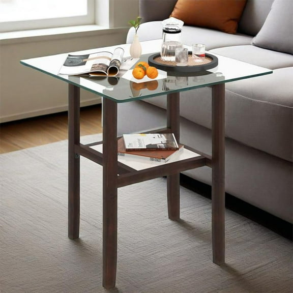 24 Inch Glass Coffee Table, 2-Tier Square Center Table with Storage Shelf, Living Room Cocktail Table