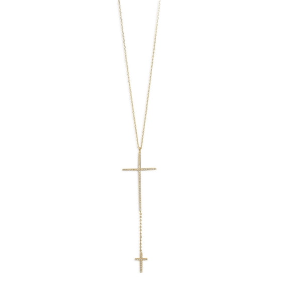 24 Inch Gold-Flashed Sterling Silver Necklace Double Cubic Zirconia Cross Drop