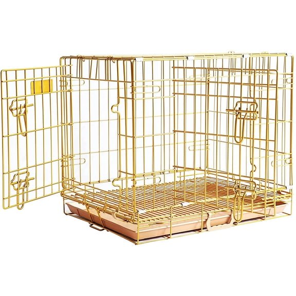 24 Inch Gold Folding Dog Crate with Removable Floor Grid and Pull Out Tray