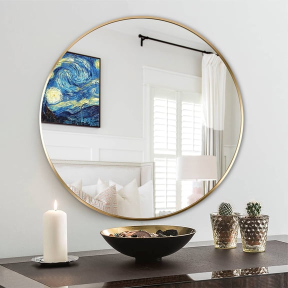24 Inch Gold Metal Round Bathroom Mirror Wall-Mounted Modern Bath Decor