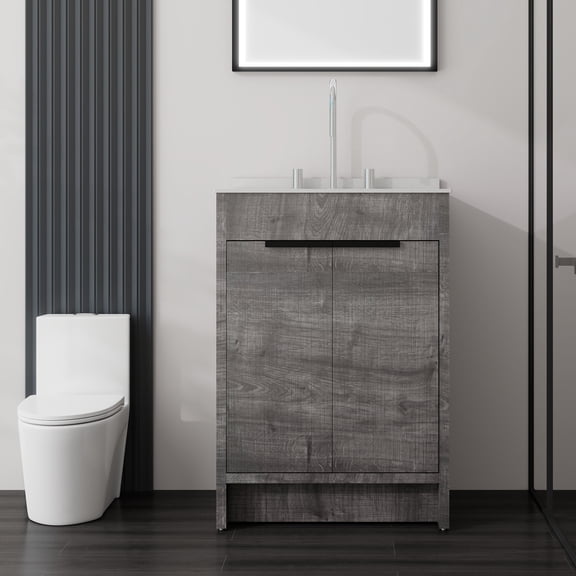 24 Inch Grey Freestanding Bathroom Vanity with Sink, Cultured Marble Countertop & Backsplash, Plywood Cabinet, Soft-Close Drawer, Faucet Sold Separately