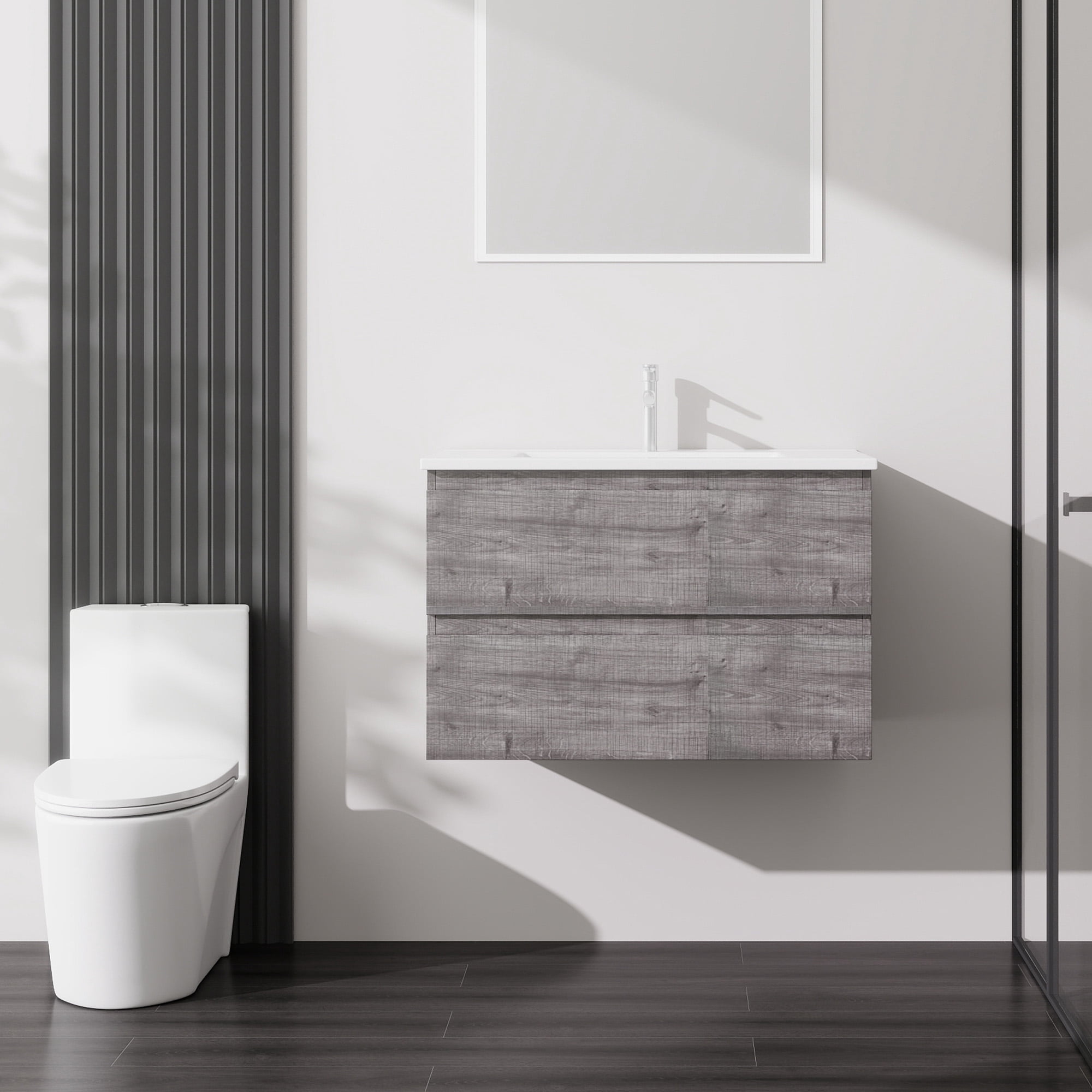 24 Inch Grey Wall-Mounted Floating Bathroom Vanity, Ceramic Sink, 2 ...