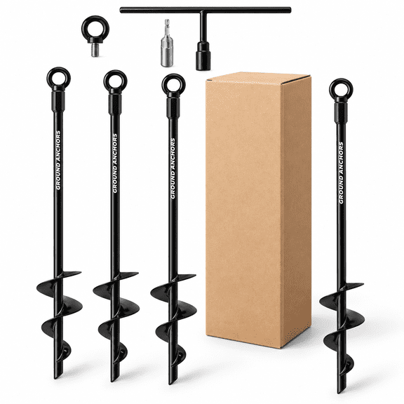 24 Inch Ground Anchors Heavy Duty Screw In - Kit Of 4 Fully Welded Earth Long Spiral Tie Down Stakes For Swing Set Shed Trampoline