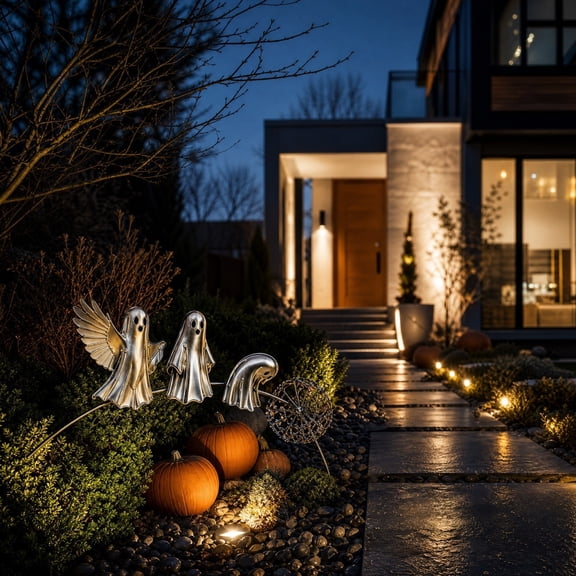 24-Inch Halloween Ghost Metal Garden Stakes, Waterproof Rustproof Iron Yard Art, Spooky Three-Gradient Ghost Silhouette for Outdoor Pathway Decor