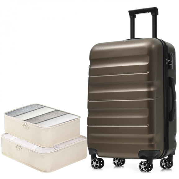 24 Inch Hardshell ABS Carry-On Luggage Set Brown Lightweight Dual Spinner Wheels with Foldable 25L Duffel Bag for Men Women Business Travel Weekend Getaways