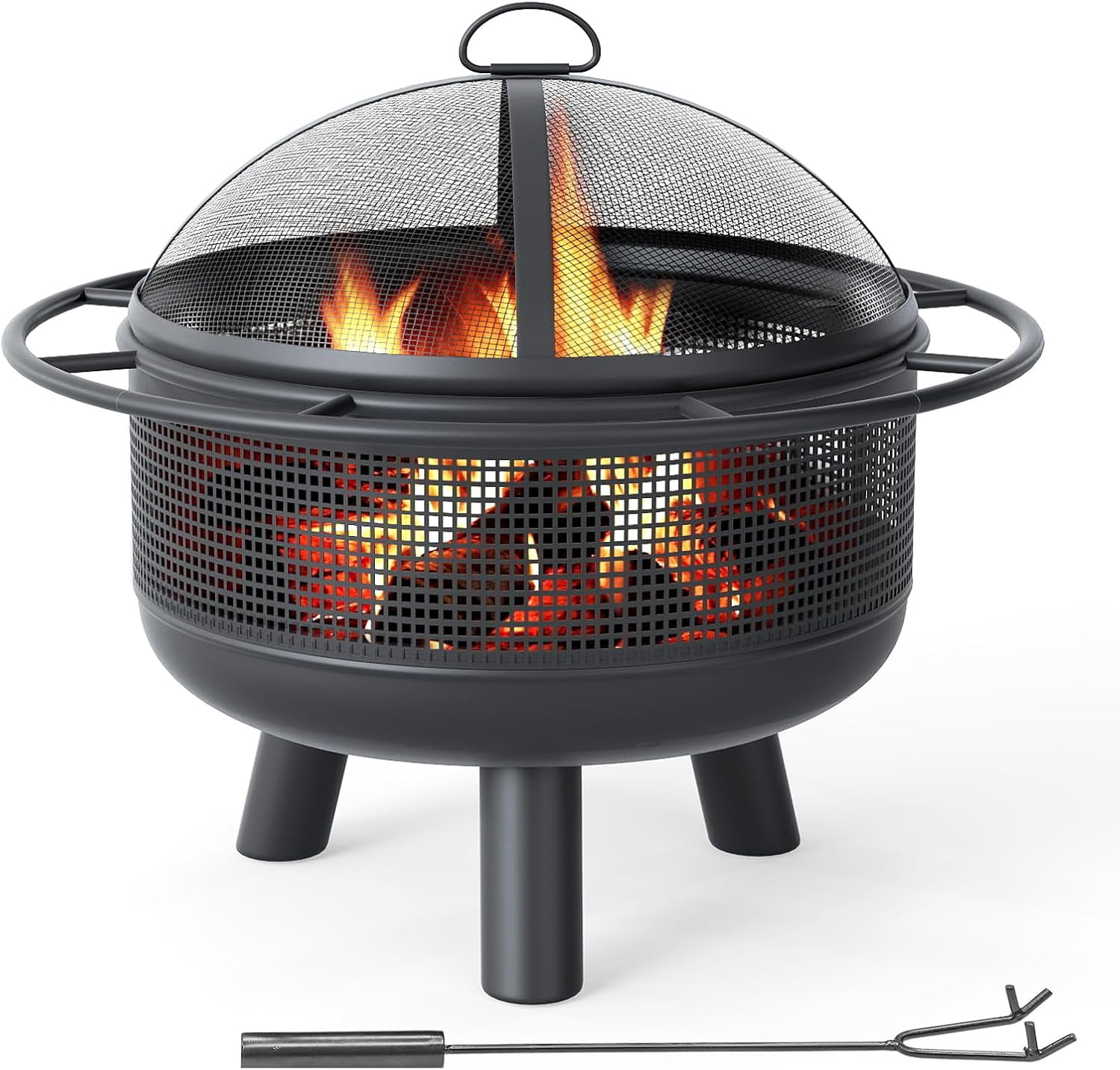 24-Inch Heavy-Duty Metal Outdoor Wood Burning Fire Pit with Spark Screen, Poker, and Log Grate