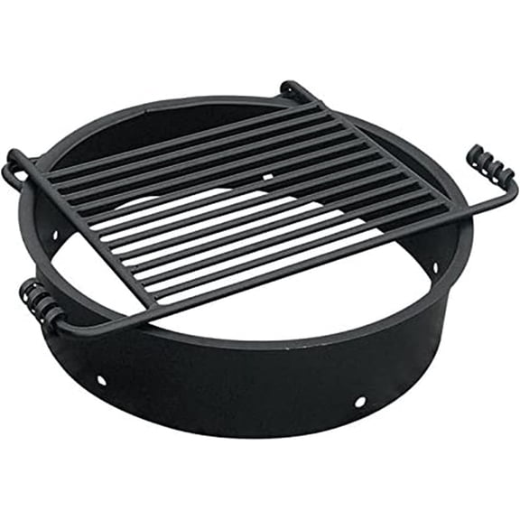 24 Inch Heavy Duty Steel Ground Fire Pit Ring Insert Liner and Metal Cooking Grate for Grilling, Camping, and Backyard Bonfires, Black