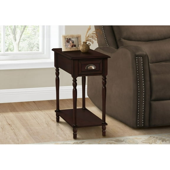 24 Inch High Accent Table - 2 Tier, Narrow, Brown Veneer, Bedroom Nightstand with Storage