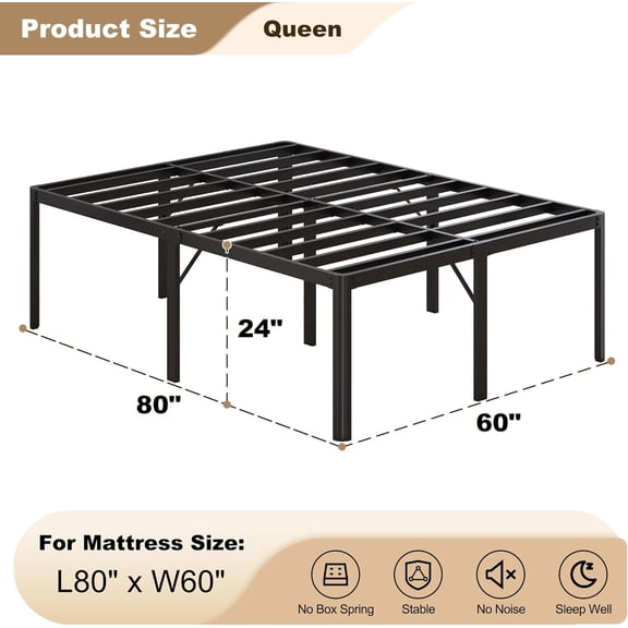 24 Inch High Bed Frame with Rounded Corner, Heavy Duty Metal Under-Bed Storage Space, No Box Spring Needed, Noise , Easy Assembly, Black