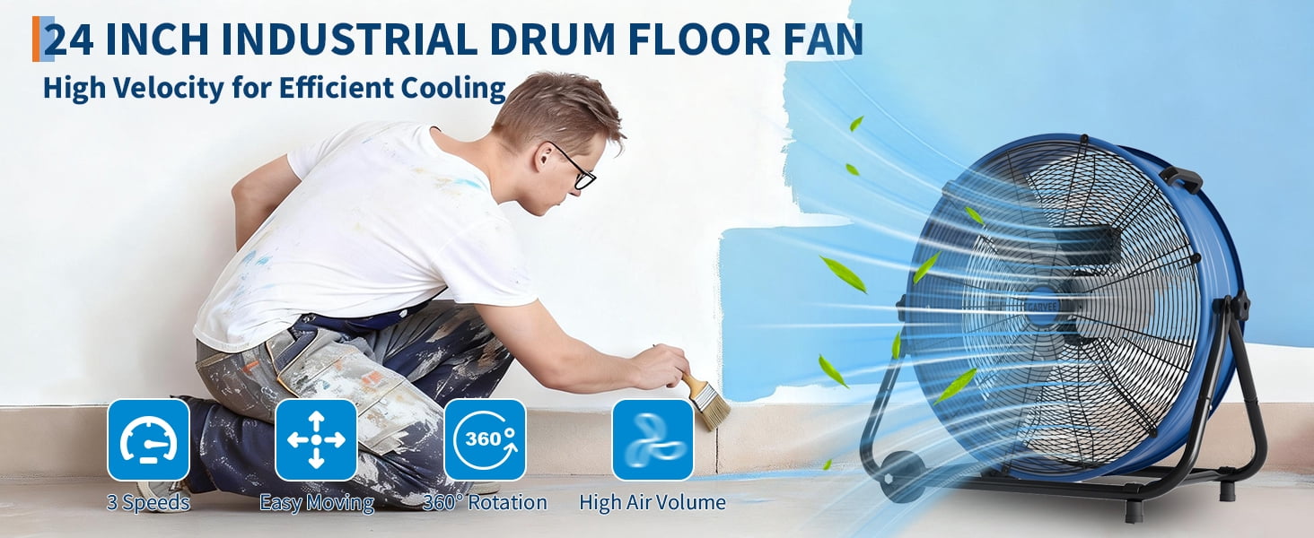 24 Inch Industrial Drum Fan – 5700 CFM High Velocity Floor Fan with 3 ...