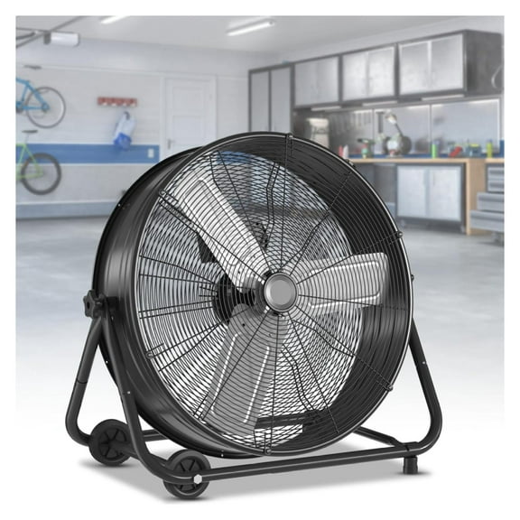 24 Inch Industrial Drum Fan, High Velocity Floor Fan, 3 Speed Heavy Duty Metal Air Circulator, 360° Tilt with Casters Handle ETL Standard for Patios, Warehouse, , 8900 CFM