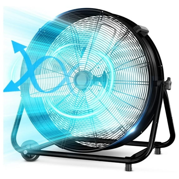24 Inch Industrial Drum Fan High Velocity Floor Shop Fan 3 Speed, Heavy Duty Metal Air Circulator with Adjustable Tilt & Large Wheel for Warehouse, Garage, Factory, Patio, Barn, Black