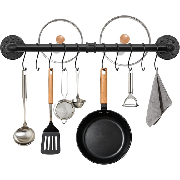 24 Inch Industrial Pipe Pot Pan Rack, Heavy Duty Wall Mounted Rail with 10 Removable S Hooks, Space Saving Kitchen Organizer and Utensils Hanger for Cookware, , Matte Black