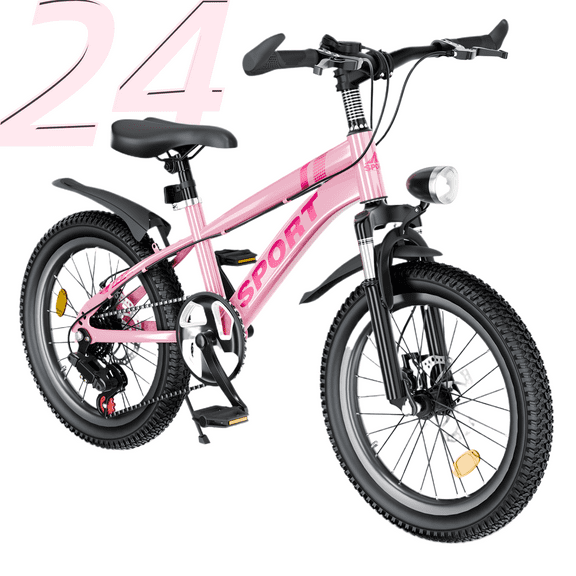 imerelez 24 Inch Kids Mountain Bike for Boys & Girls Ages 7-12 – 7-Speed Gears, Dual Disc Brakes, Shock Absorber Front Fork, LED Light – Pink