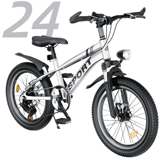 imerelez 24 Inch Kids Mountain Bike for Boys & Girls Ages 7-12 – 7-Speed Gears, Dual Disc Brakes, Shock Absorber Front Fork, LED Light – Silver