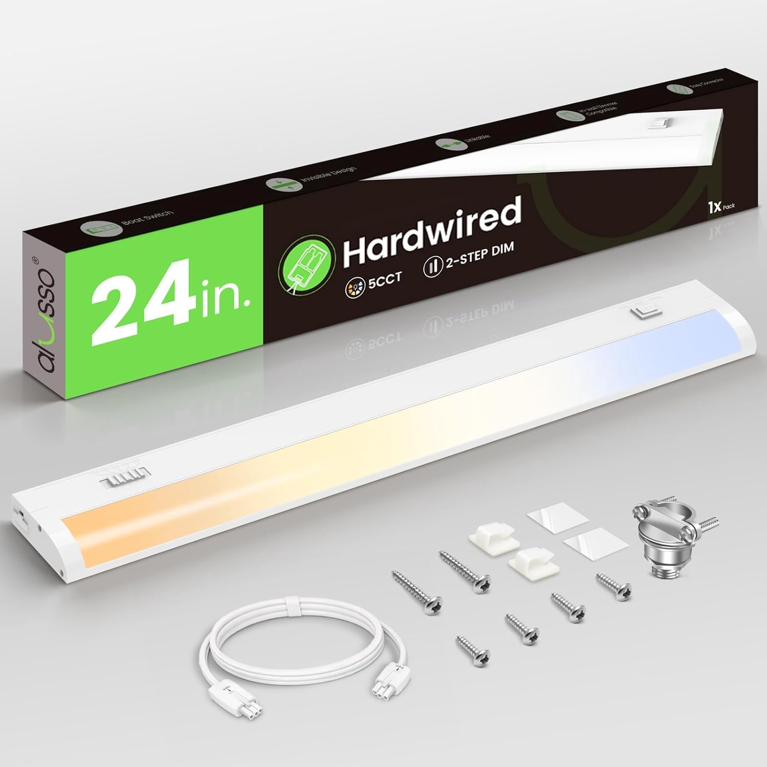 24 Inch LED Under Cabinet Lighting Hardwired 120V, 5CCT Color Selectable 2700K-5000K Dimmable 15W 1200LM High Brightness, CRI 90+ Strip Linkable Under Counter Lights for Kitchen Sink, 1 Pack